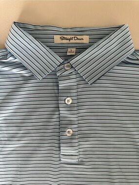 Straight Down Men's Light Blue with Black & White Stripes Polo Golf Shirt Size L